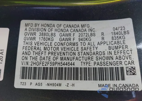 2023 Honda Civic Sport из США, поврежденный, VIN 2HGFE2F59PH544644